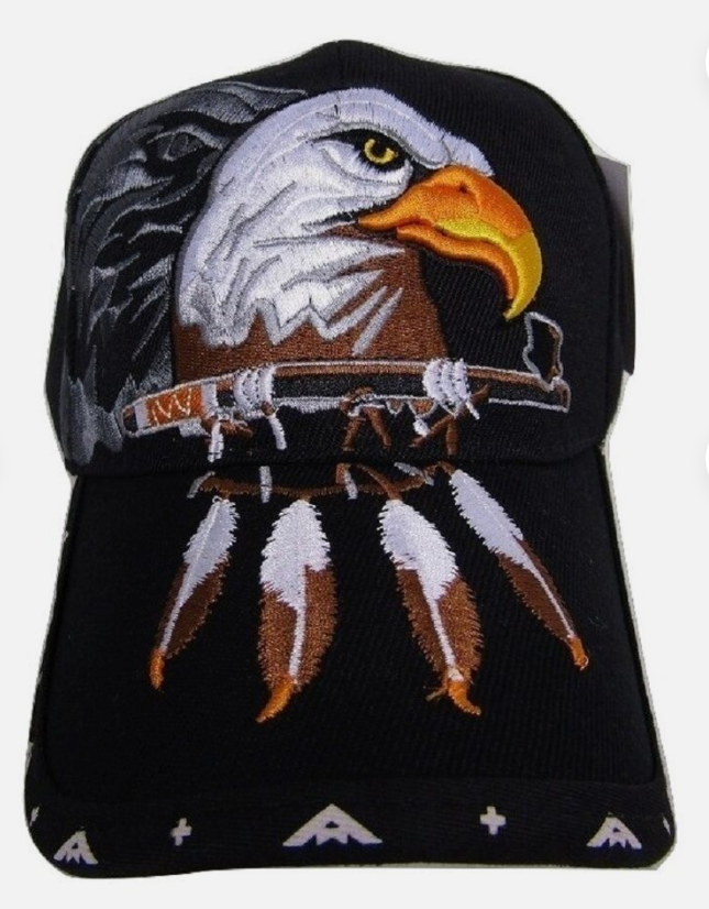 Native Pride Eagle peace pipe feathers Shadow Black Embroidered Cap