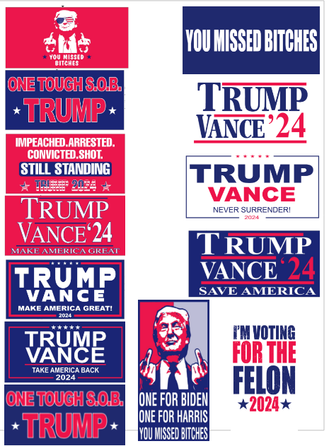 Trump Vance 2024 Twelve of Each Bumper Stickers All New 12 Designs Wholesale One Dozen Each! Mixed Assorted Hot Designs 12 of each 144 total American Made Vinyl Bumper Stickers!