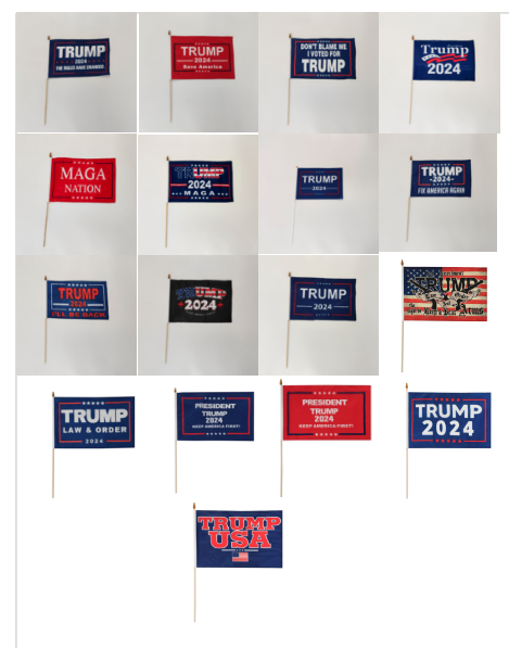 Assortment of Trump 2024 12"x18" Stick Flag ROUGH TEX® with Wooden Stick