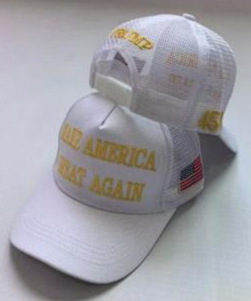 Make America Great Again White Gold Mesh Caps Trucker Style Trump 45 47