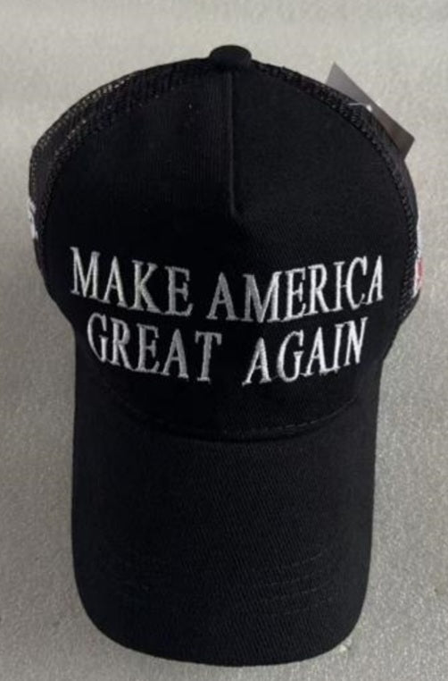 Make America Great Again Black & White Embroidered Caps Trump Mesh Back 45 47 USA Flag