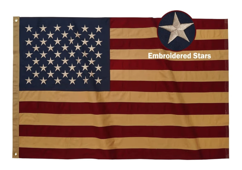 American U.S.A. Heritage Collection Deep Tea Stained Natural 100% Cotton Canvas USA Sewn Stripes Embroidered Stars Flags