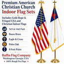 American Christian & USA Indoor Premium Flag Sets All Inclusive 3x5 or 4x6 Feet Flags Eight Feet Oak Poles Bases Brass Cross Eagle Gold Ropes Fringe