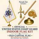 US Coast Guard Official Indoor Flag Kits 8 Feet Oak Pole Base Brass Battle Axe Gold Fringed & Golden Rope