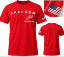 Freedom Short Sleeve Red T-Shirt | Charlie Kirk Memorial | American Flag Sleeve (Ships Oct 15 2026)