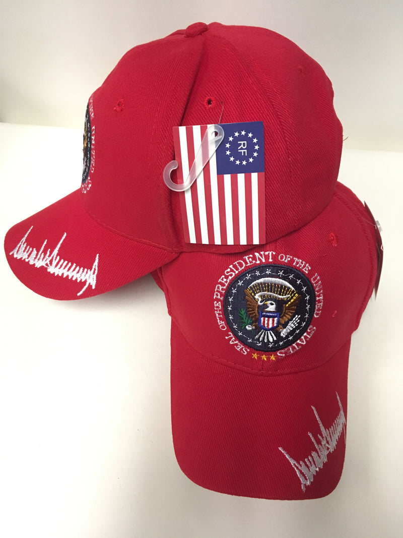 Presidential Seal Embroidered With Trump Signature Red Cap