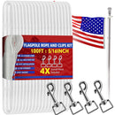 Flagpole Rope 100% Nylon Diamond Braided 100 Feet Rolls For Halyard Ropes for 20 to 50 Feet Flagpoles With 4 Snap Flag Clips