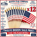 American 4" Inch by 6" Inch USA 100% Cotton Stick Flags Mounted on Wooden Staffs Child Safe Gold Wood Spears 12 Dozen Pack (144 Flags)