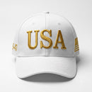 Trump 45 47 USA White Gold Embroidered Hat | 4-Sided Embroidery