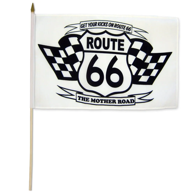 Route 66 White Checkered Flags 12"x18" Stick Flag ROUGH TEX® 100D Rt 66 30" Wooden Stick