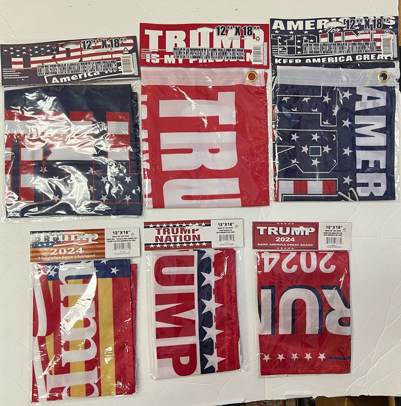 Assortment of Trump 2024 12"x18" Double Sided Flags Mix of 12 MAGA Nation Flags