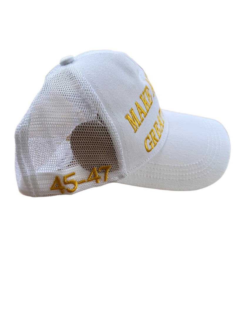 Make America Great Again Trump White & Gold USA Flag 45 47 Embroidered Caps Mesh Back MAGA Trucker Style