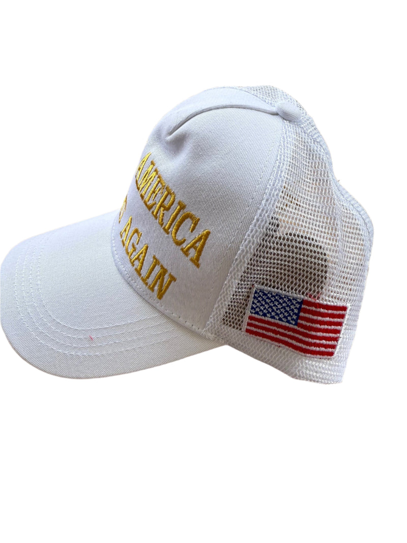Make America Great Again Trump White & Gold USA Flag 45 47 Embroidered Caps Mesh Back MAGA Trucker Style
