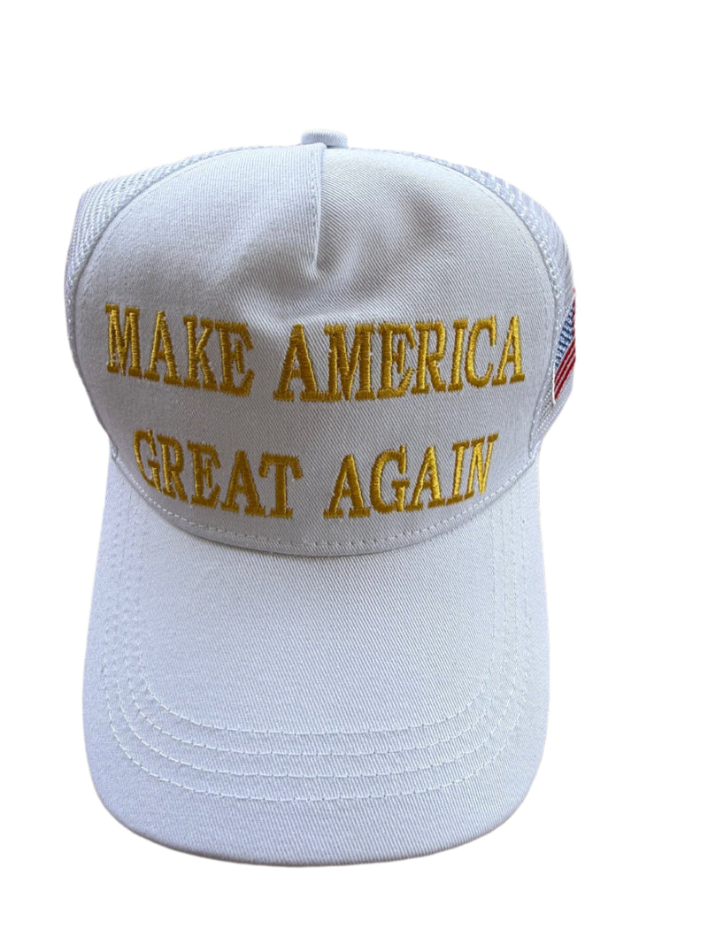 Make America Great Again Trump White & Gold USA Flag 45 47 Embroidered Caps Mesh Back MAGA Trucker Style