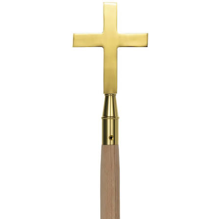 8' Indoor Wooden Flagpole with Brass Cross 2 PC Oak Wood Glossy Dark Oak