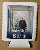 America Is Back Trump Jacket Can Holder Drink Koozie