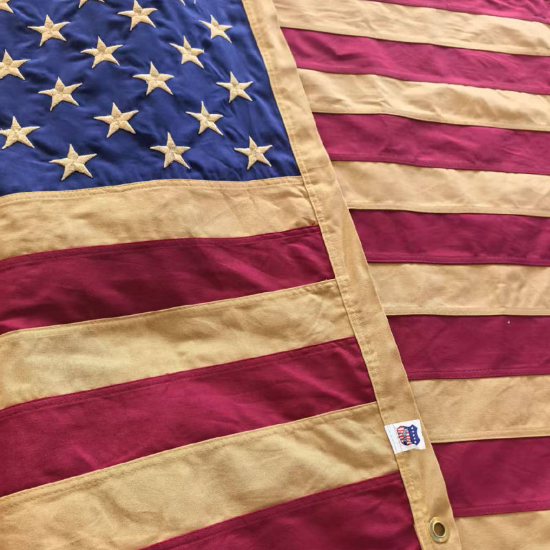 USA Vintage Tea Stained 2'X3' Embroidered Flag ROUGH TEX® Cotton