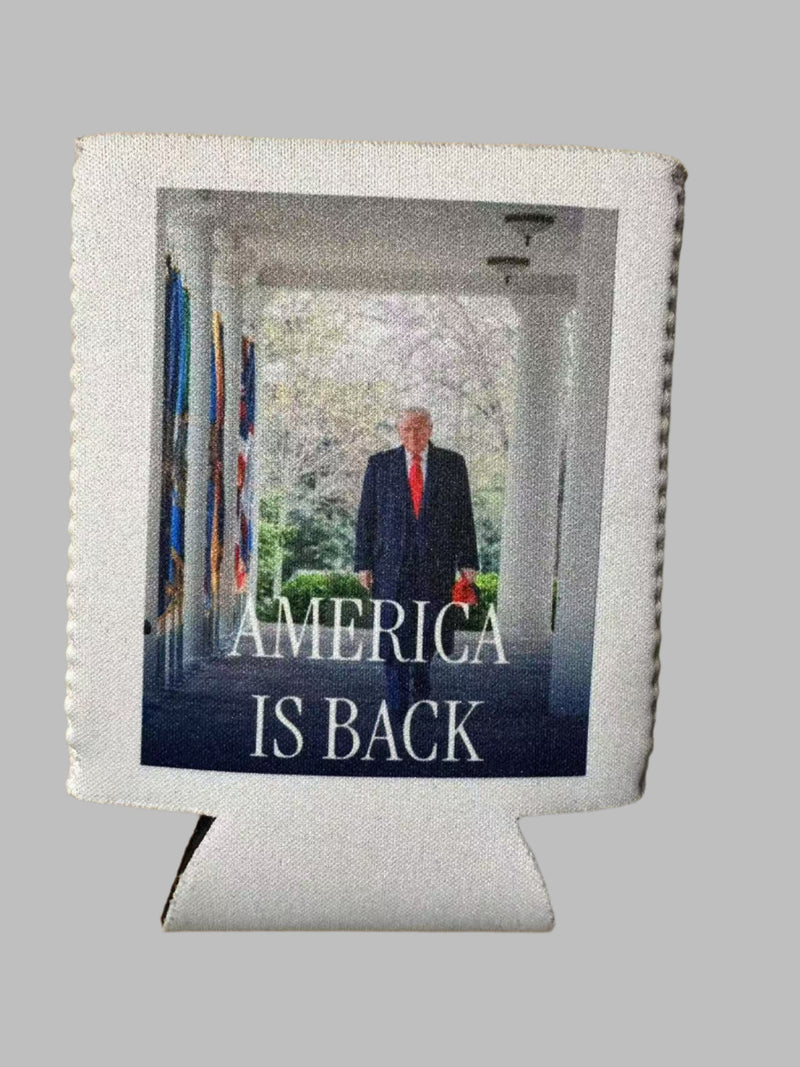 America Is Back Trump Jacket Can Holder Drink Koozie