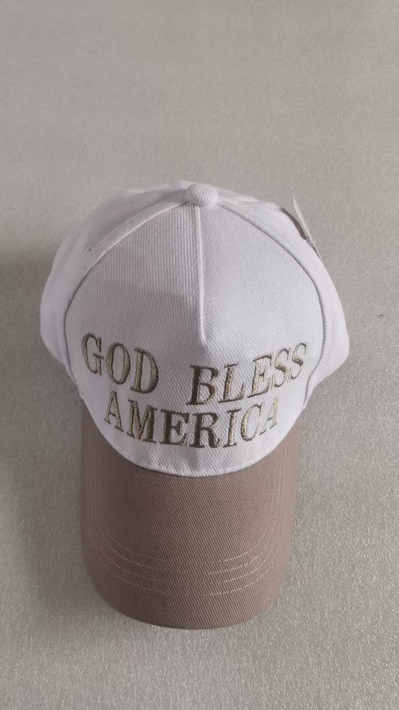 God Bless America White Beige Bill Embroidered Cap
