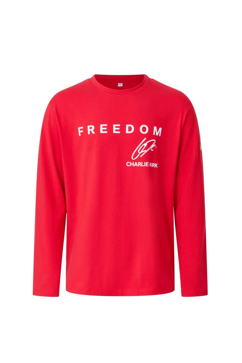 Freedom Long Sleeve T Shirts Charlie Kirk Memorial USA Flag Sleeve Red Freedom Signature Ships October 28