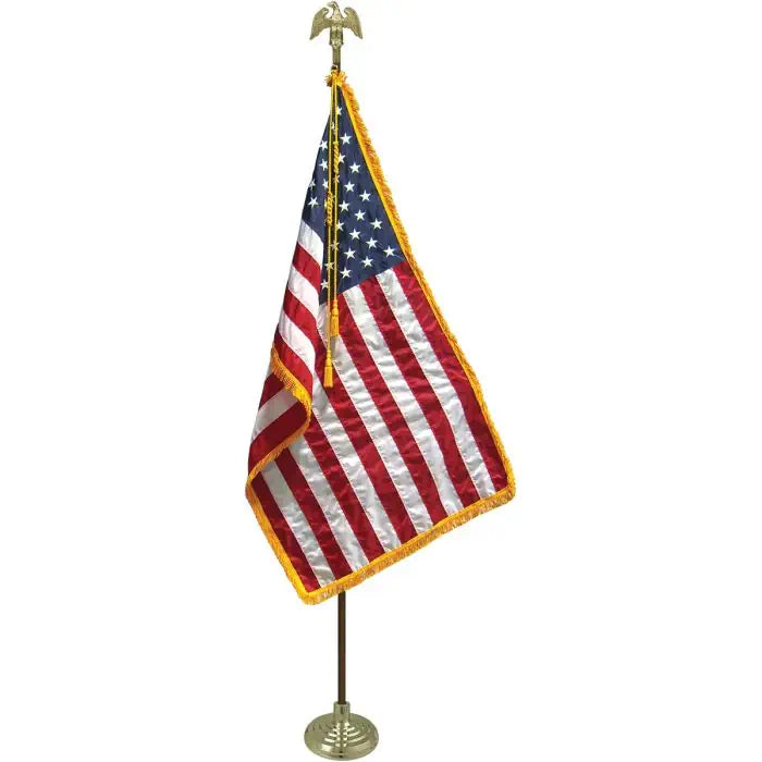 American Presidential Indoor Flagpole Complete Set Gold Fringe 8 Feet Oak Pole Gold Eagle Tassle Fringed USA Flag