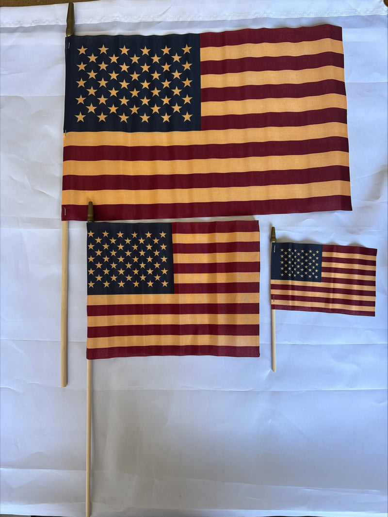 American Tea Stained 100% Wooden Staff Gold Spear USA Vintage Stick Flags 12"x18" 8"x12" & 4"x6"