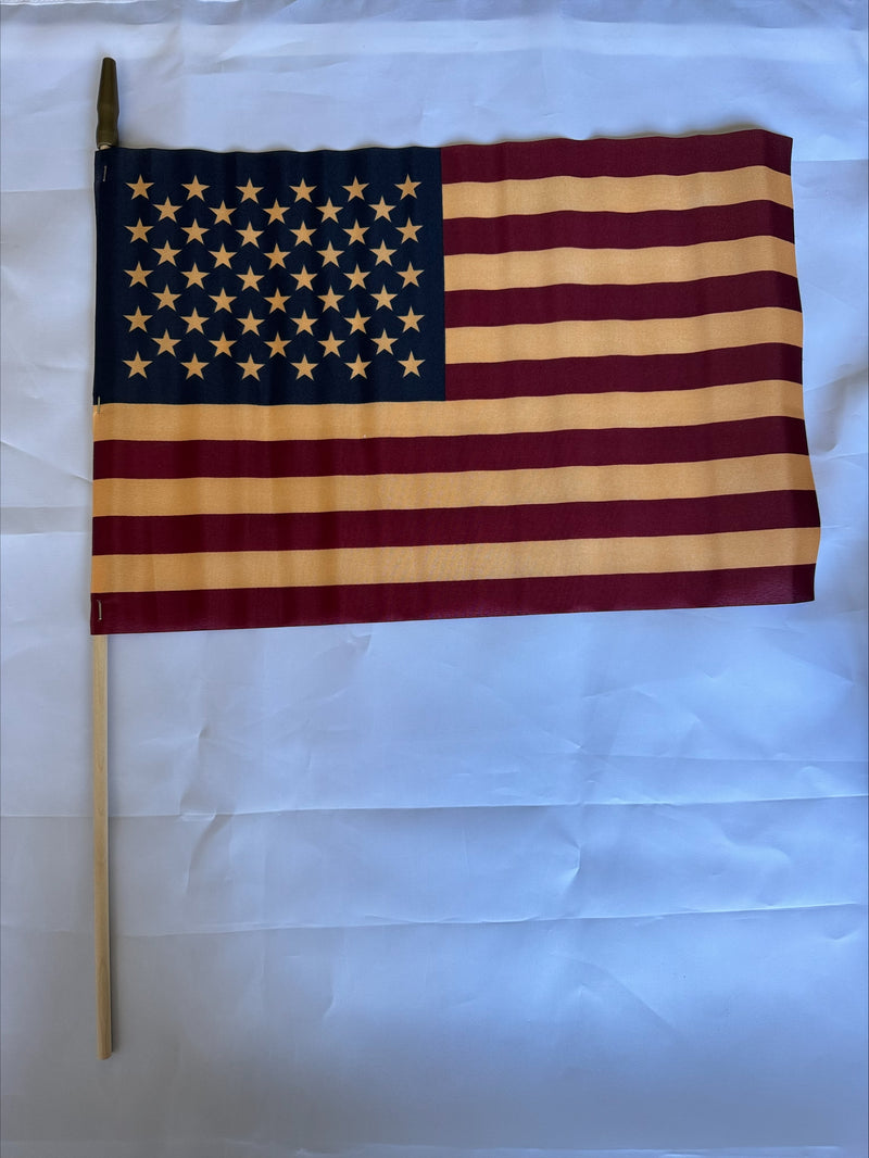 American Tea Stained 100% Wooden Staff Gold Spear USA Vintage Stick Flags 12"x18" 8"x12" & 4"x6"