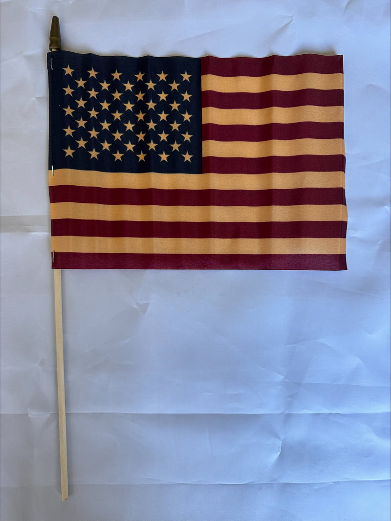 American Tea Stained 100% Wooden Staff Gold Spear USA Vintage Stick Flags 12"x18" 8"x12" & 4"x6"