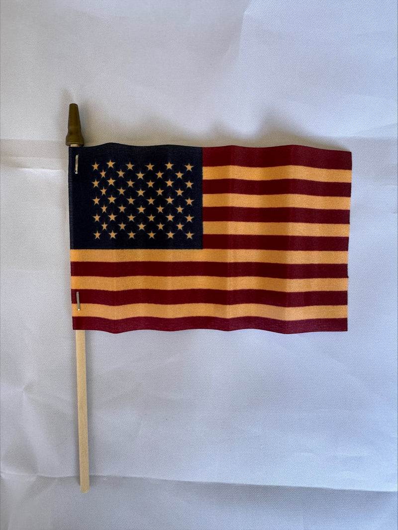 American Tea Stained 100% Wooden Staff Gold Spear USA Vintage Stick Flags 12"x18" 8"x12" & 4"x6"