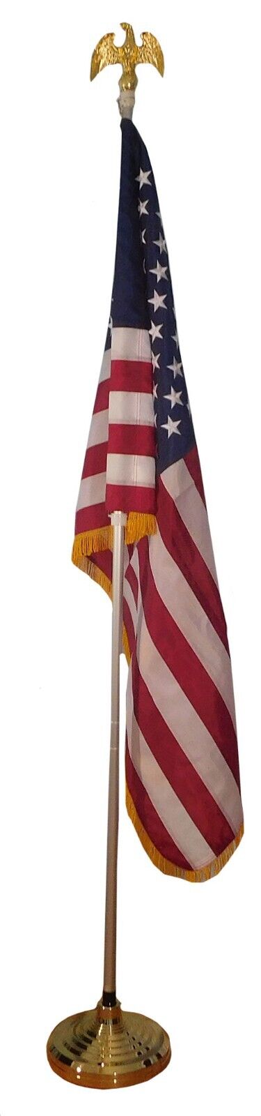 American Flag Gold Fringed USA Indoor Flagpole Kit 8' Telescoping pole Base Gold Eagle