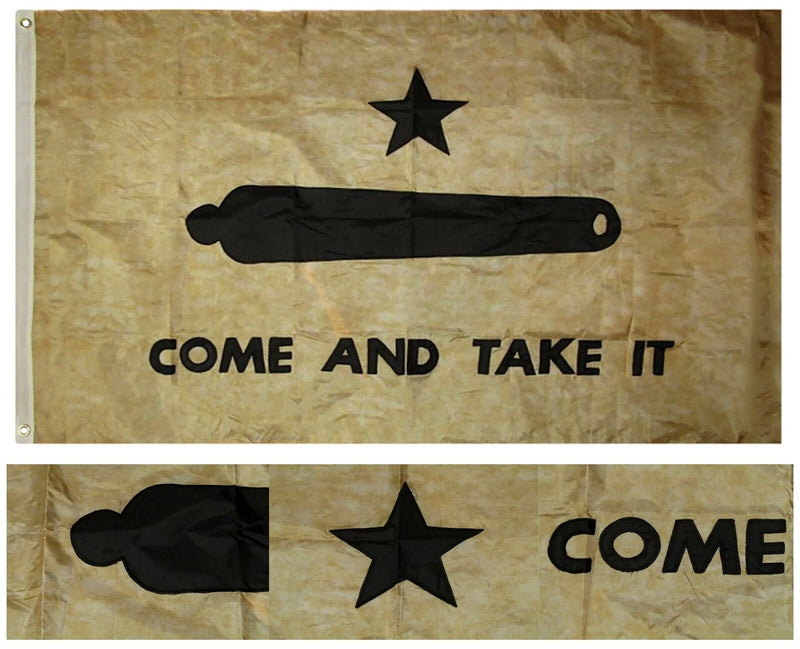 Gonzales Come & Take It Vintage Embroidered Nylon 3'x5' Tea Stained Flags