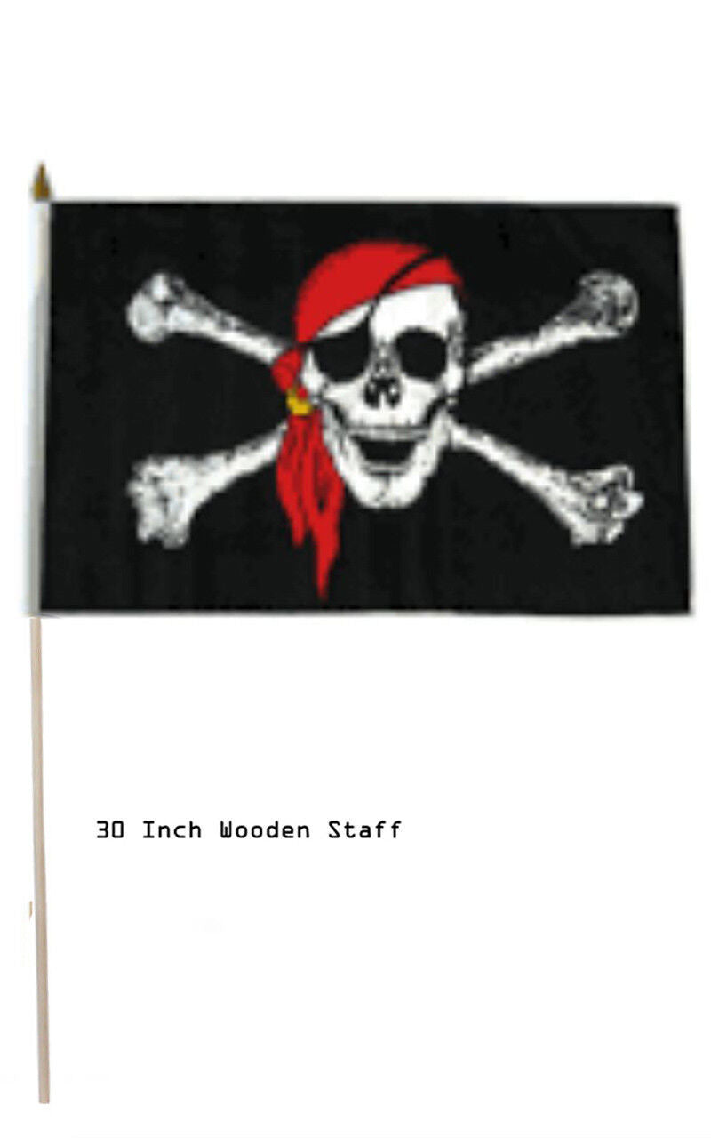 Jolly Roger Pirate Red Hat 12"x18" Stick Flag ROUGH TEX® 100D 30" Wooden Stick