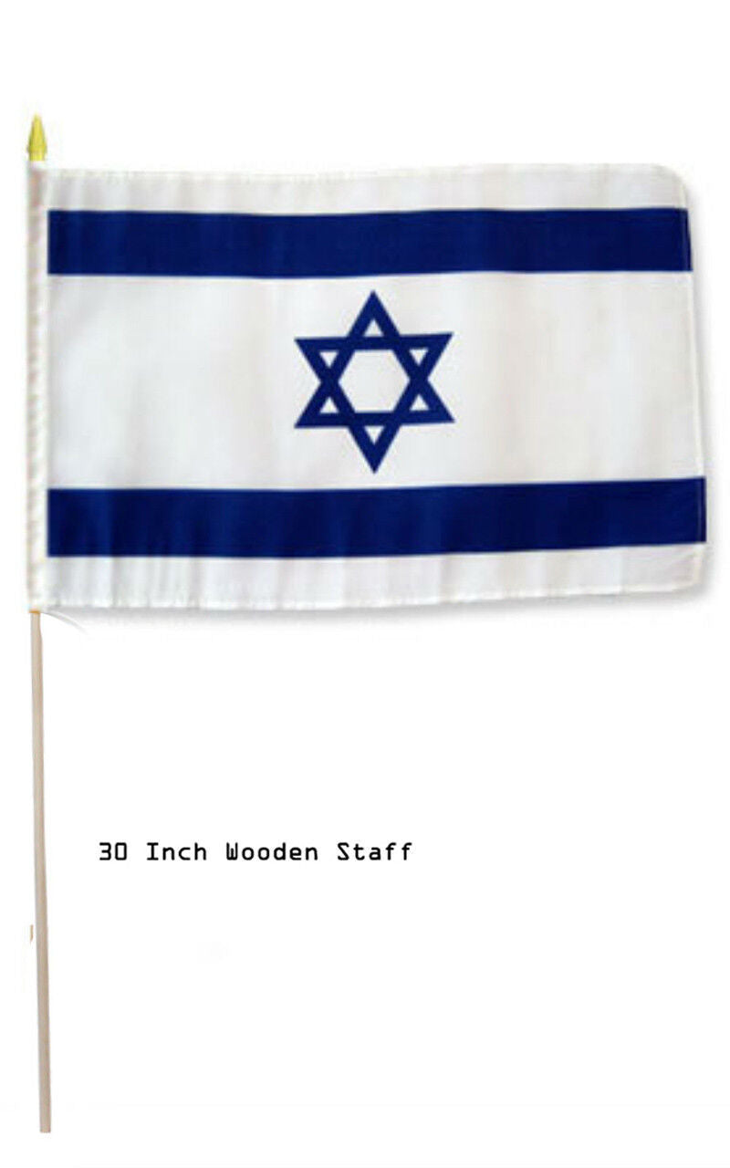 Israel 12"x18" Israeli Stick Flags ROUGH TEX® 100D 30" Wooden Staff Gold Spear