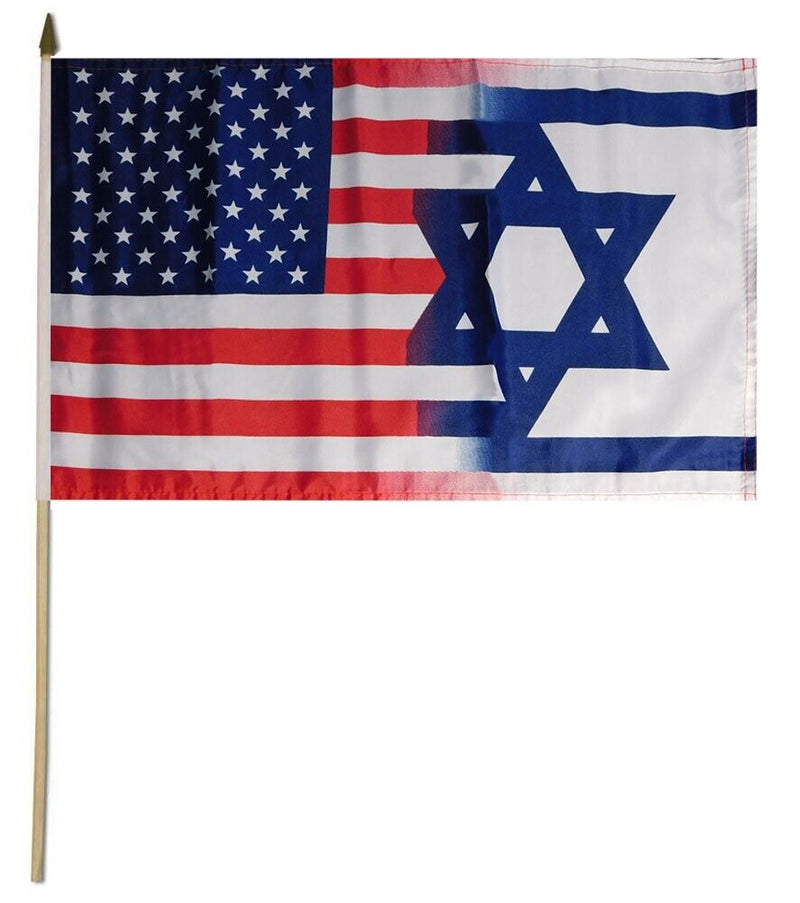 USA Israel Faded 12"x18" Stick Flag ROUGH TEX® 100D 30" Wooden Staff American Israeli Friendship Flags