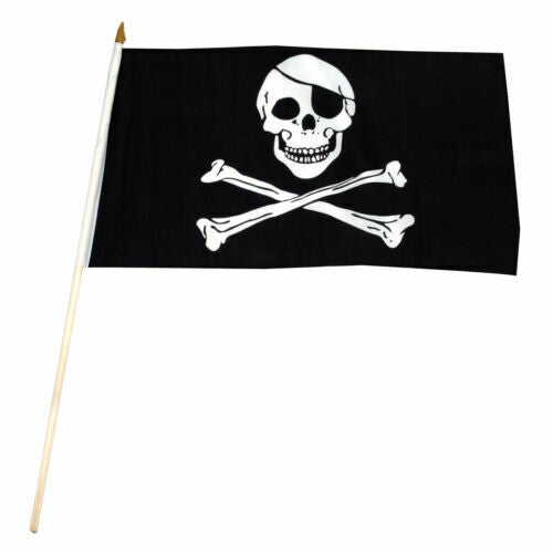 Jolly Roger Pirate 12"x18" Stick Flag ROUGH TEX® 100D 30" Wooden Staff