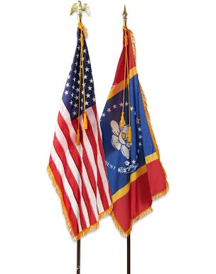 American & USA 50 States Indoor Sets Your State Flag Kit & U.S.A. Kit Includes Spear Eagle 8 Feet Oak FlagPoles Bases Gold Fringed Flags