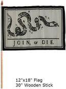 Join or Die 1777 Colonial American 12x18 Inch Early USA Stick 30" Wooden Staffs Cemetery American 250th Anniversary Flags