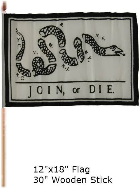 Join or Die 1777 Colonial American 12x18 Inch Early USA Stick 30" Wooden Staffs Cemetery American 250th Anniversary Flags