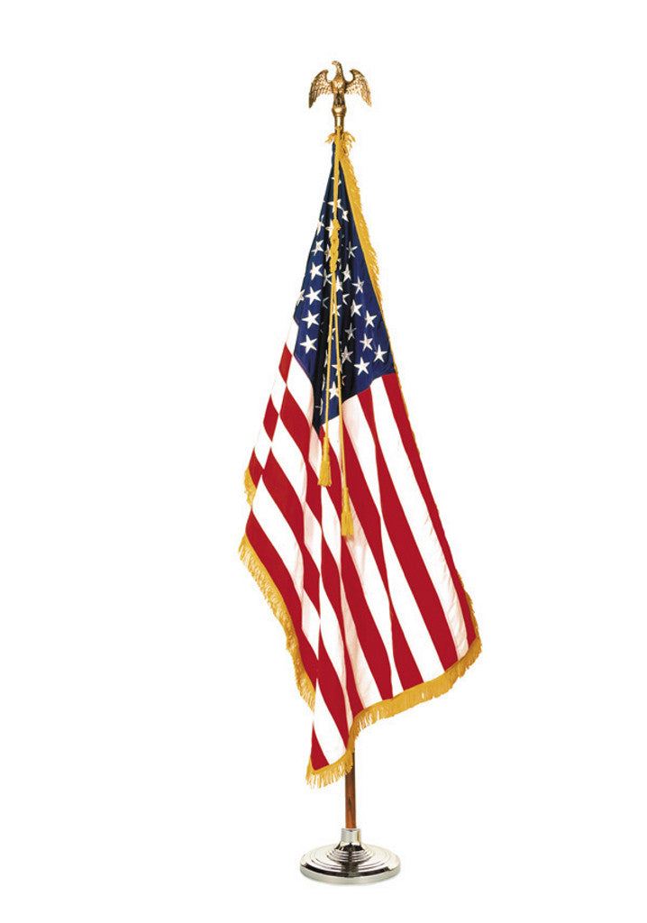 American Government Specification Indoor Flag Kit Complete Brass Eagle Oak Pole Base Tassle USA Gold Fringe Flag