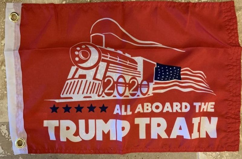 All aboard the trump train flag red 12 x18 rough tex knit nylon