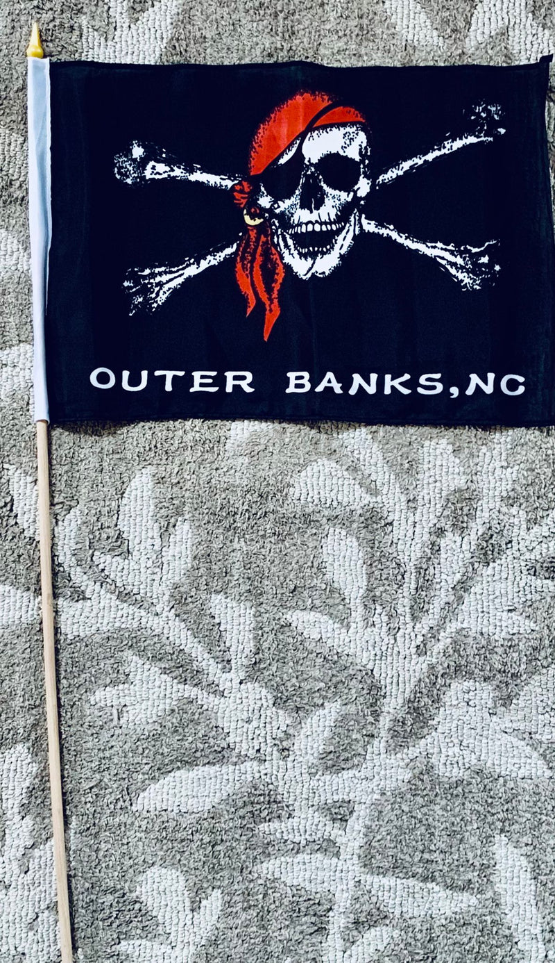 Outer Banks North Carolina Red Hat Pirate 12"x18" Stick Flag ROUGH TEX® 100D 30" Wooden Stick
