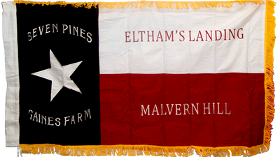 3'X5' SLEEVED GOLD FRINGED 1ST TEXAS INFANTRY REGIMENT HOOD'S BRIGADE COTTON EMBROIDERED & SEWN 1ST TEXAN FLAG SEVEN PINES GAINES FARM