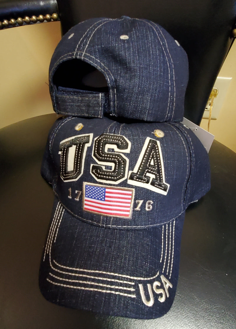 AMERICAN 1776 USA U.S.A. USA FLAG CAP USA EMBROIDERED HAT DENIM