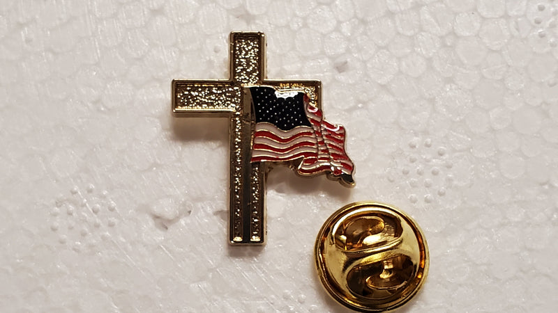 USA Wavy Flag Gold Cross Cloisonné Hat & Lapel Pin