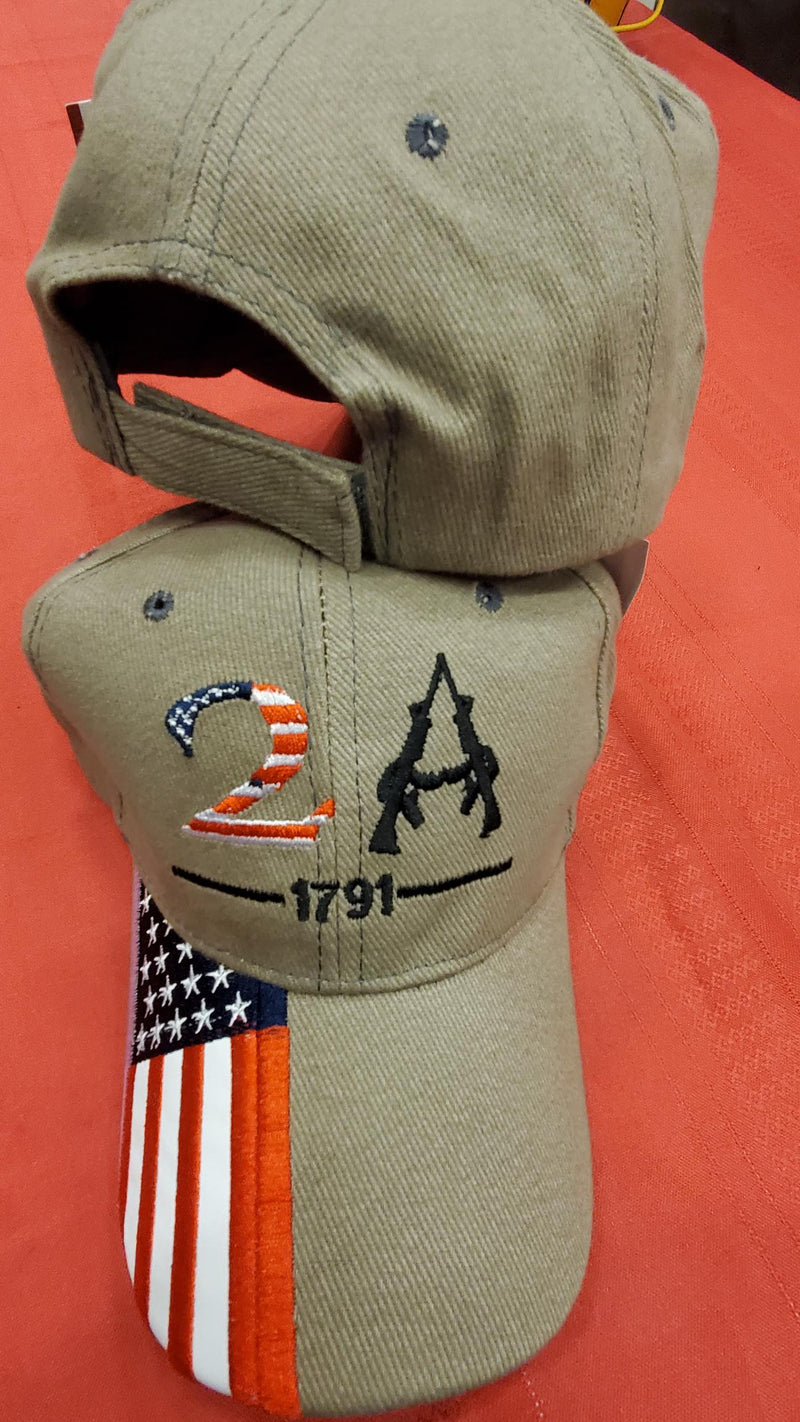 2A Khaki USA Flag 2nd Amendment 1791 - Cap America's Gun Rights Hat Embroidered Red White Blue