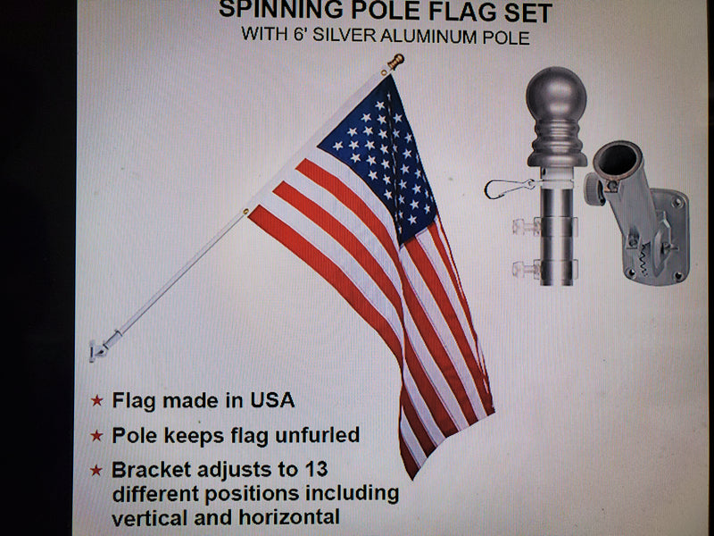 American Flagpole Kit: 6ft Silver Tangle-free Spinning Flag Pole, Silver Adjustable Bracket & 3x5ft American USA Flag 150D Nylon Embroidered Brass Grommets