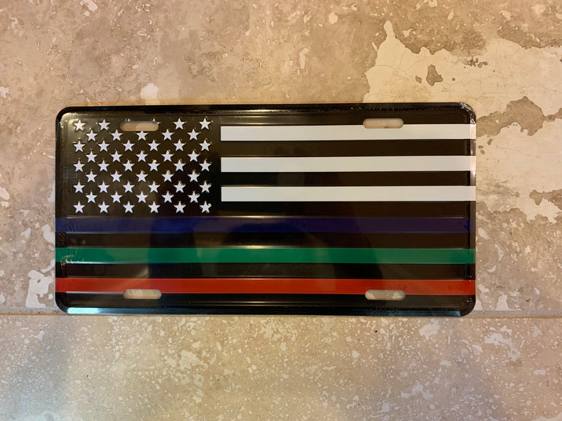 Red Blue Green Line US Memorial License Plate USA Police Military Fire