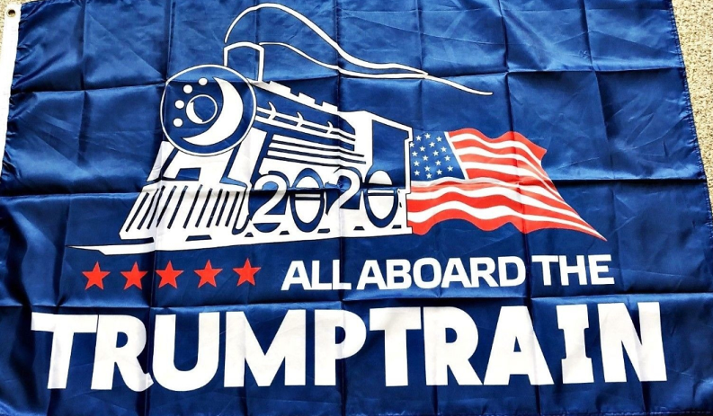 All Aboard The Trump Train Blue Double Sided 3'X5' Rough Tex ® Flag 100D