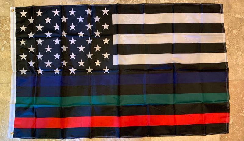 USA MEMORIAL OFFICIAL SERVICE SUPPORTERS FLAG (POLICE, MILITARY & FIRE RESCUE) FLAG THIN BLUE GREEN RED LINE AMERICAN FLAG 3X5 150D ROUGH TEX ® NYLON
