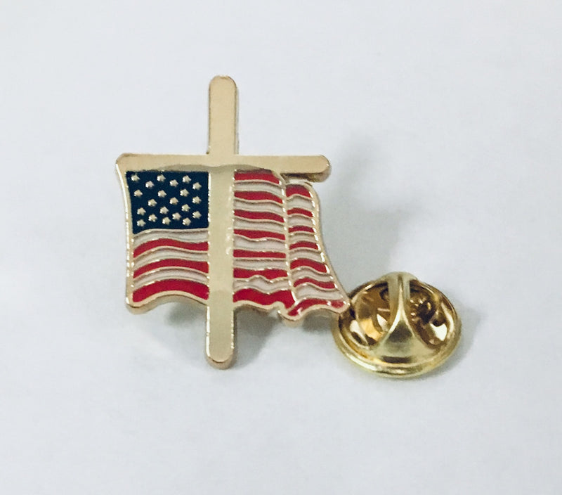 USA Flag With Gold Cross- Cloisonne Hat & Lapel Pin
